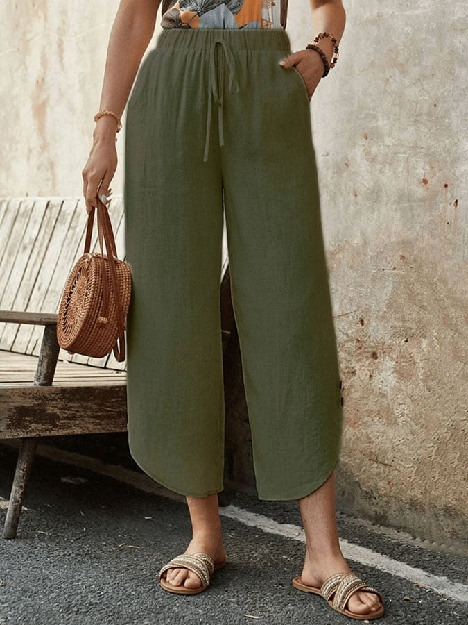 Casual Elegant Cotton And Linen Lace-Up With Pockets Irregular Cropped Pants