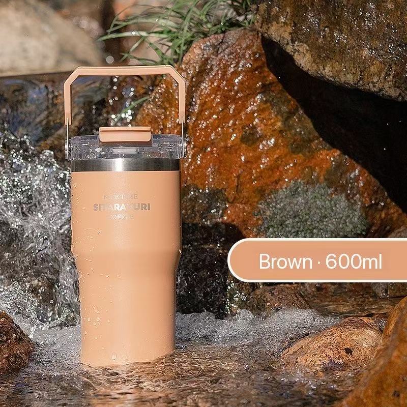 Portable stainless steel thermos flask, stylish design, convenient dual-drink straw water bottle, car water cup