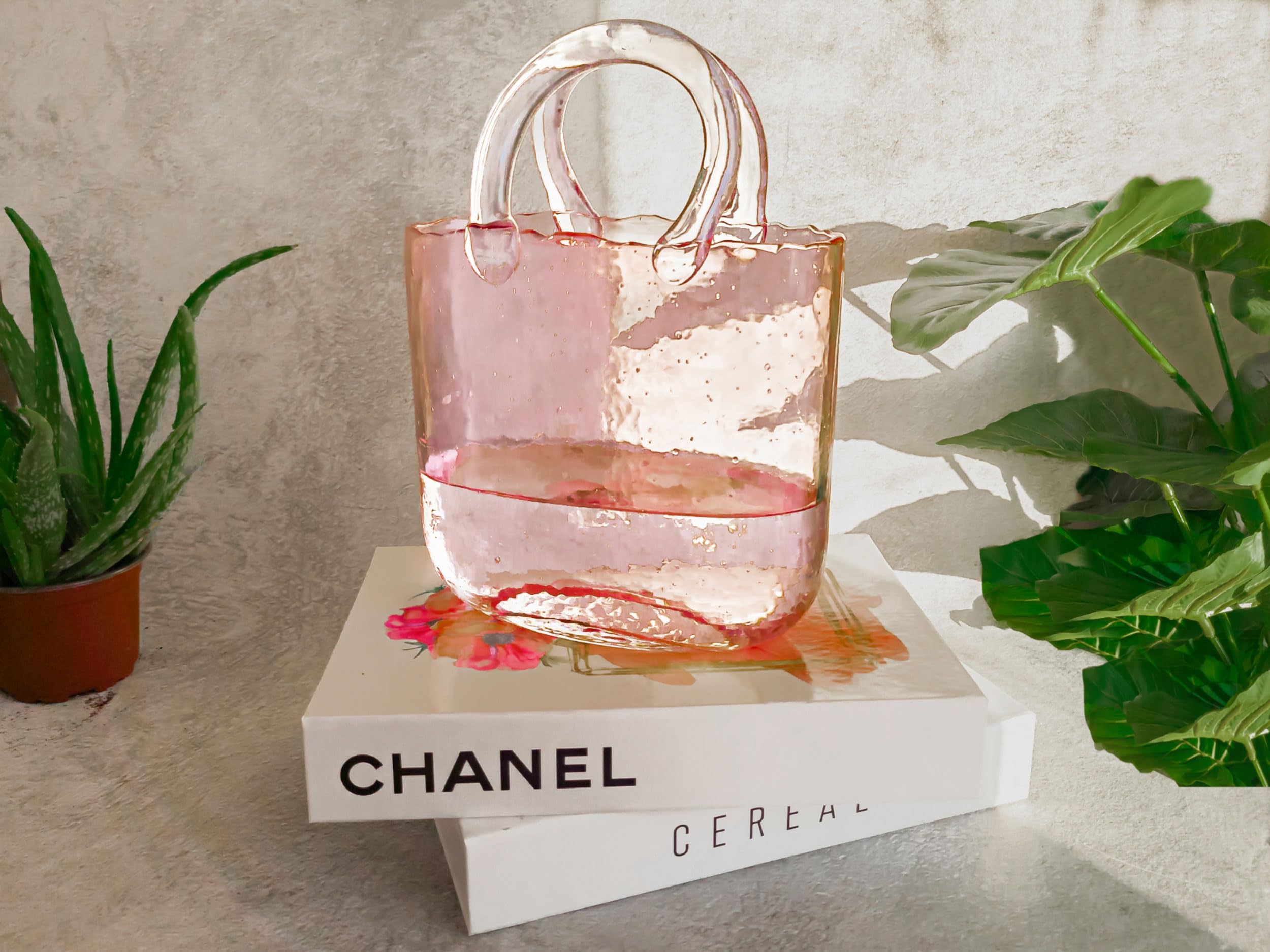 (Handmade) Pink Glass Bag vase -10 Inches- Clear
