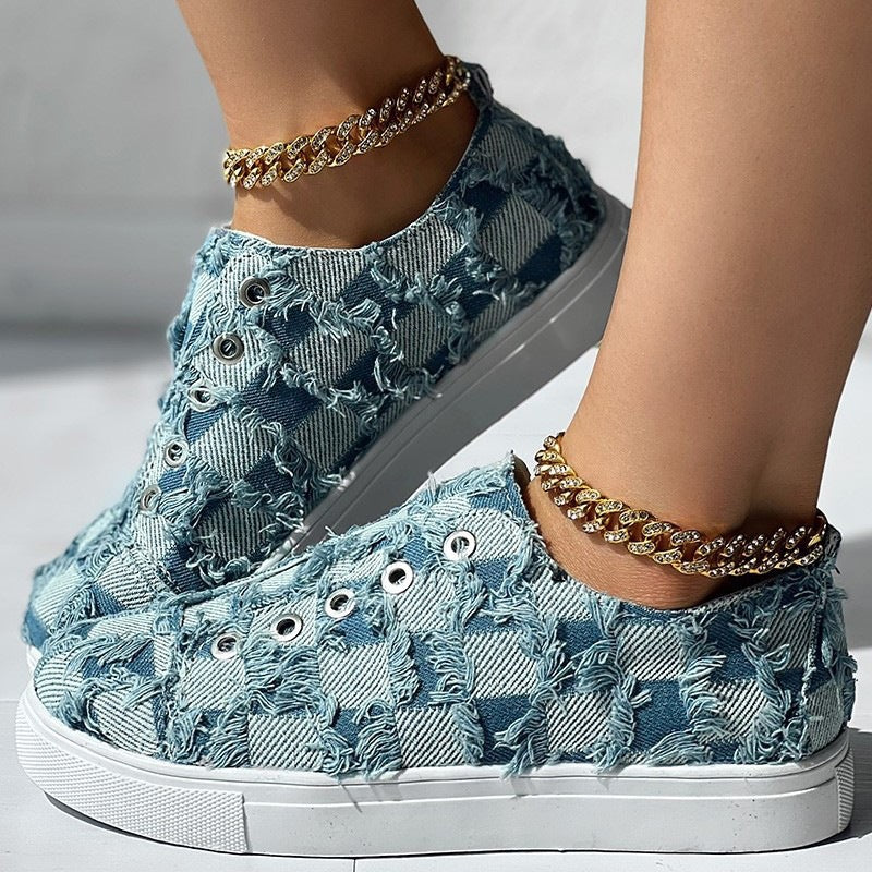 Step into Style with Women's Slip-on Denim Plaid Shoes