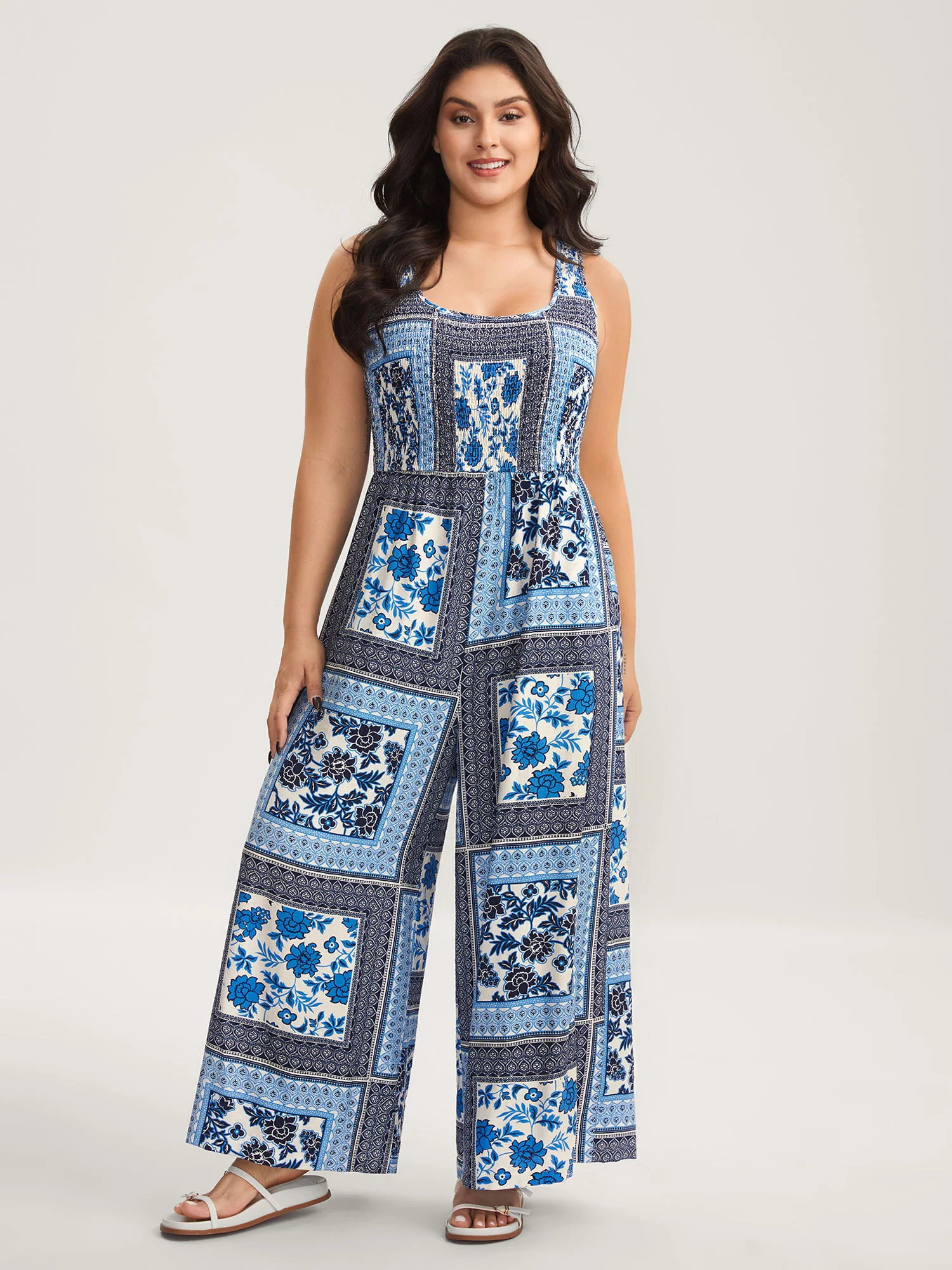 Floral Collage Shirred Straight-Leg Jumpsuit