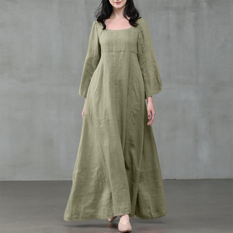 Vintage Round Neck Plain Long Sleeve Maxi Dress