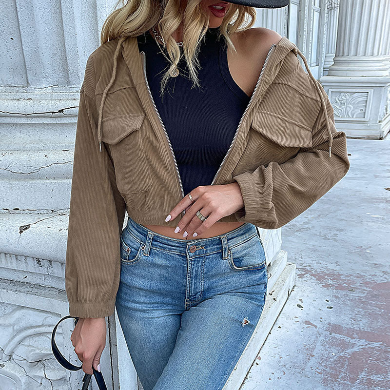 Solid Color Hooded Corduroy Jacket for Women