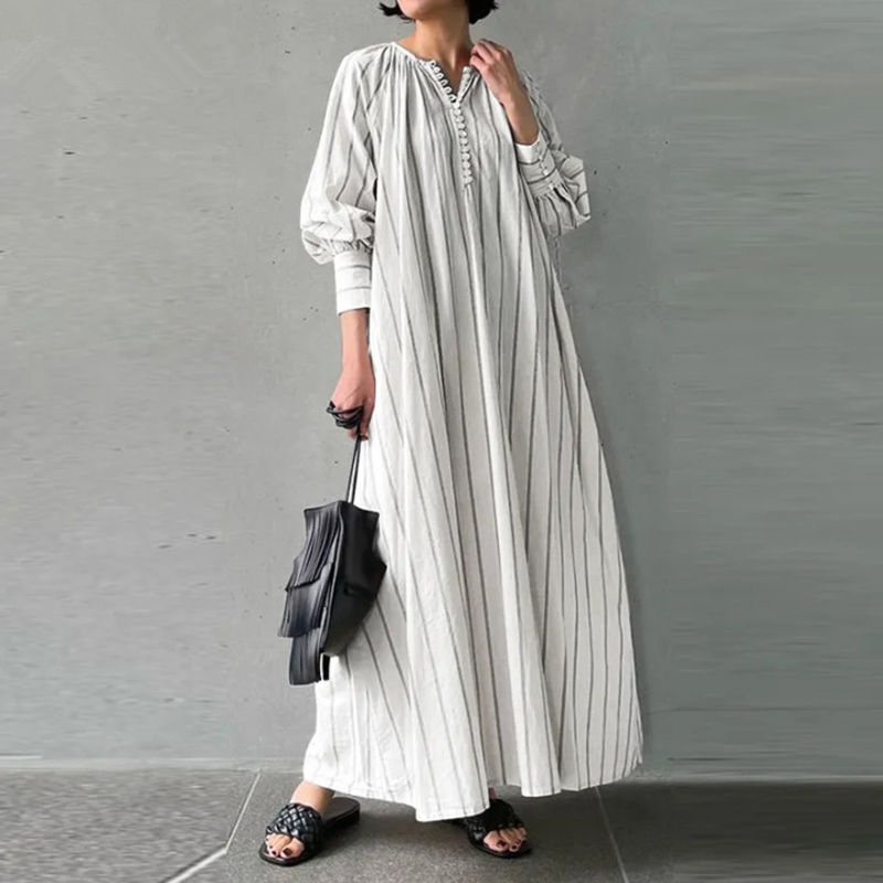 Vintage Stripes V Neck Long Sleeve Maxi Dress