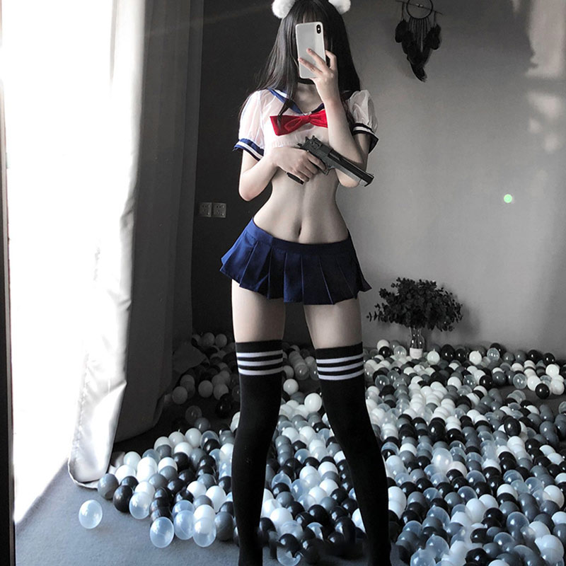 Uniform Sailor Collar Bow Stripe Lingerie Skirt Set