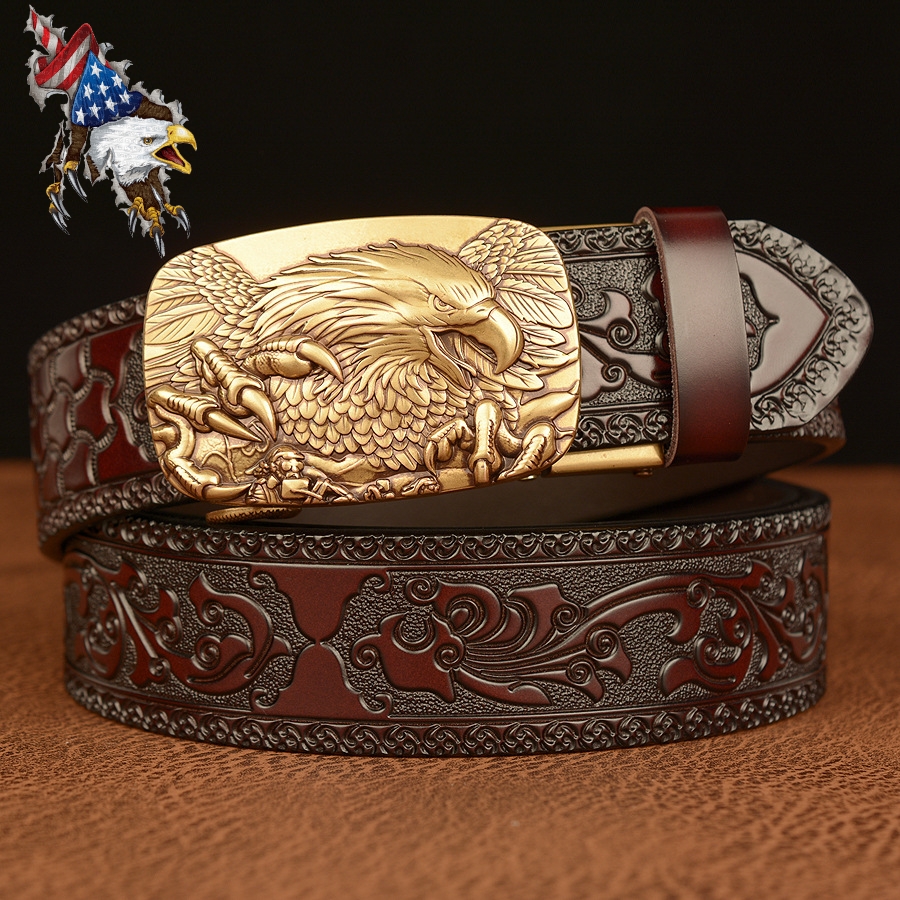 Bald Eagle Cowboy Leather 3D Manual Engraved Belt