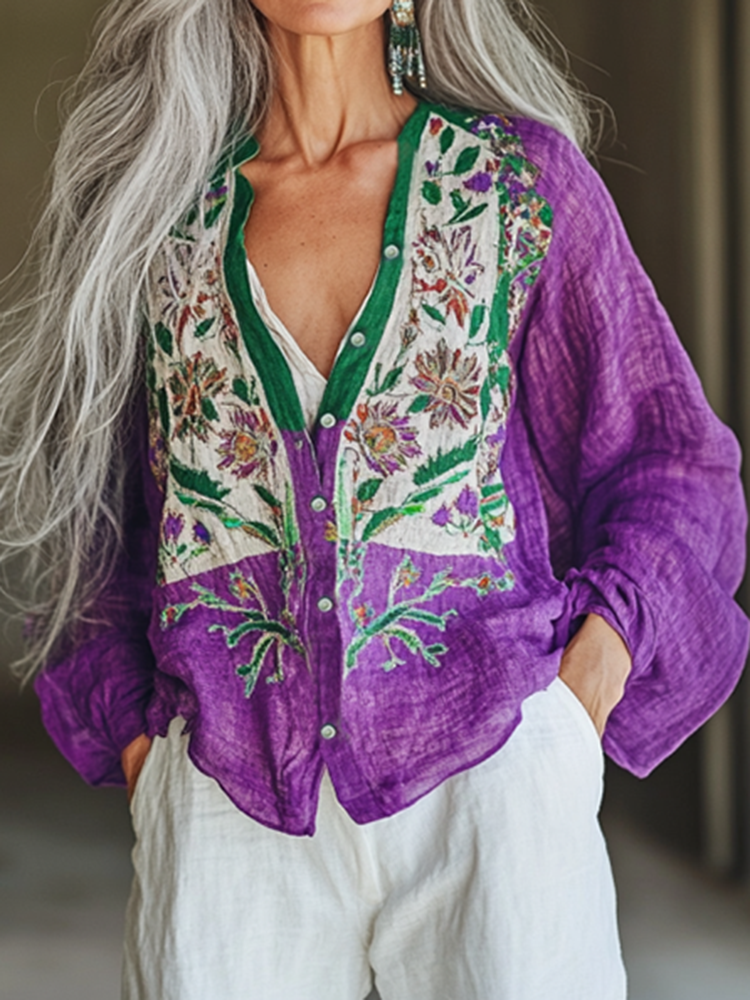 Bohemian Linen Floral Art Print Long Sleeve Loose  Shirt