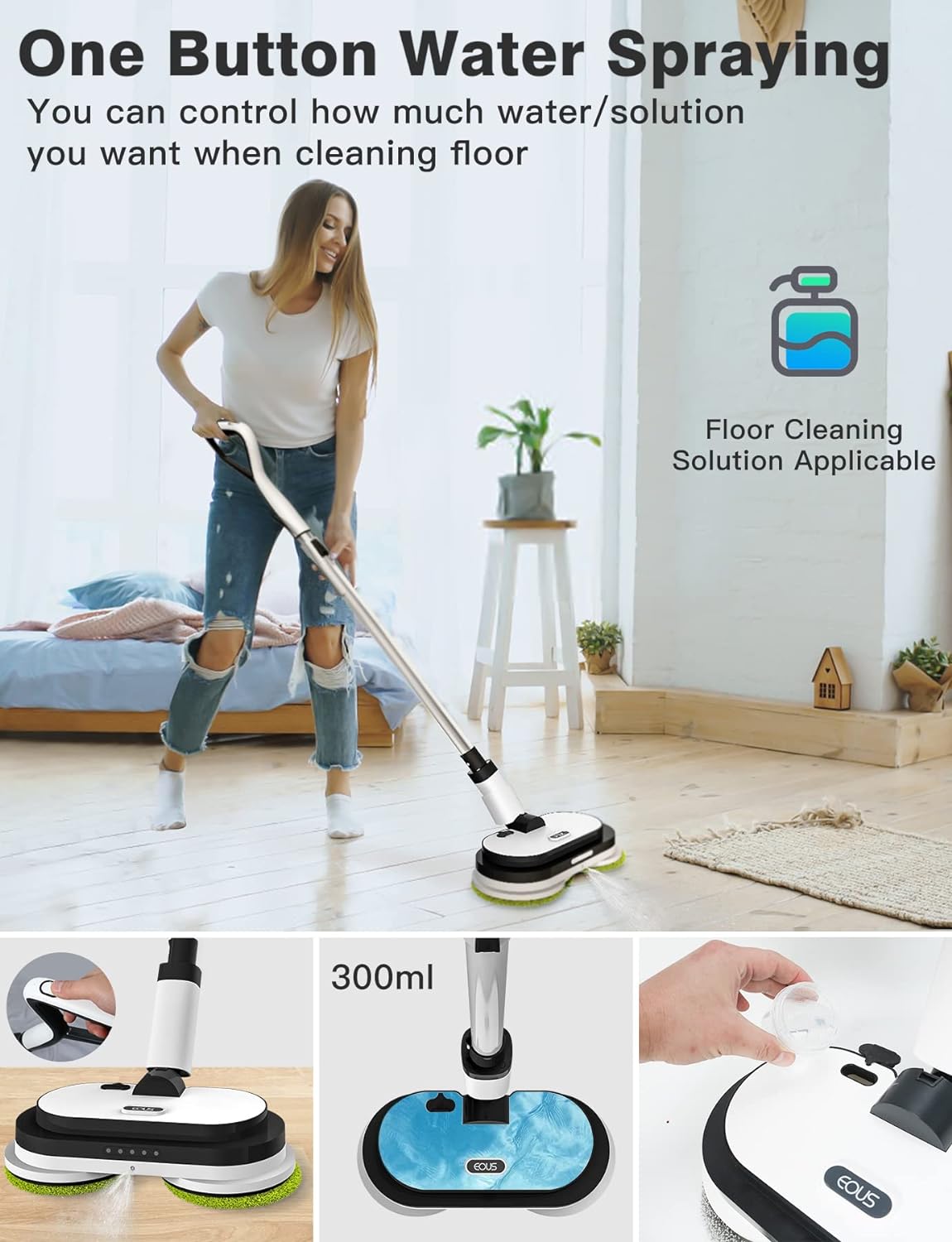 Eous Cordless Electric Mop Floor Cleaner with LED Headlight & Water Sprayer