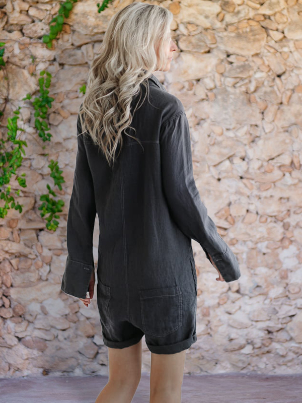 Button Up Short Linen Jumpsuit