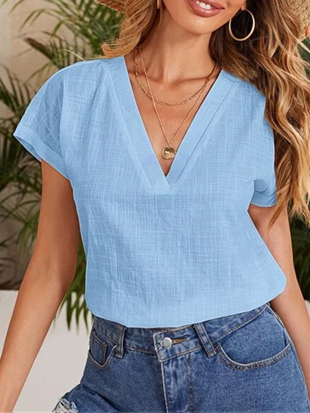 Women's Pure Color V-Neck Cotton And Linen Tee