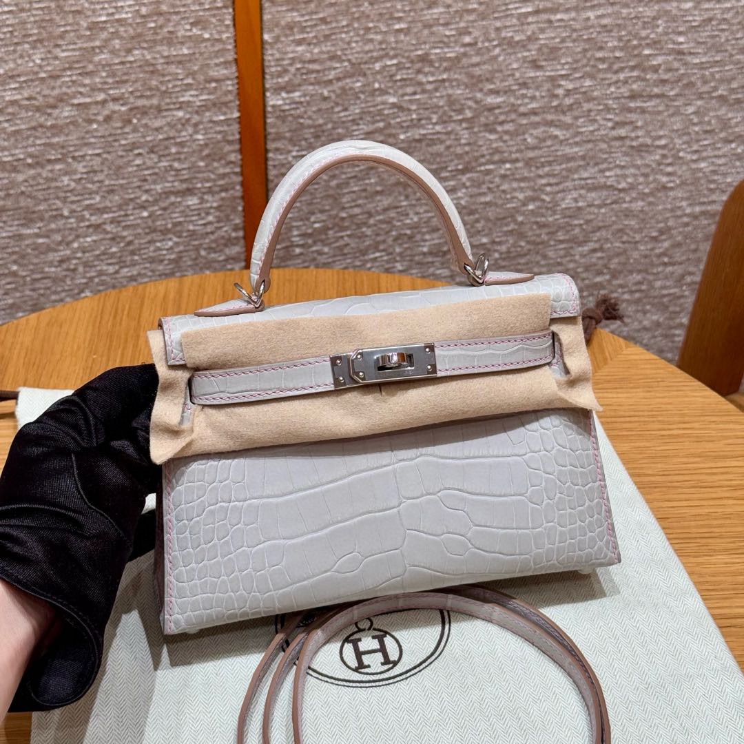 Hermes mini kelly 80Pearl Gray5PPink handbag (handmade to order)