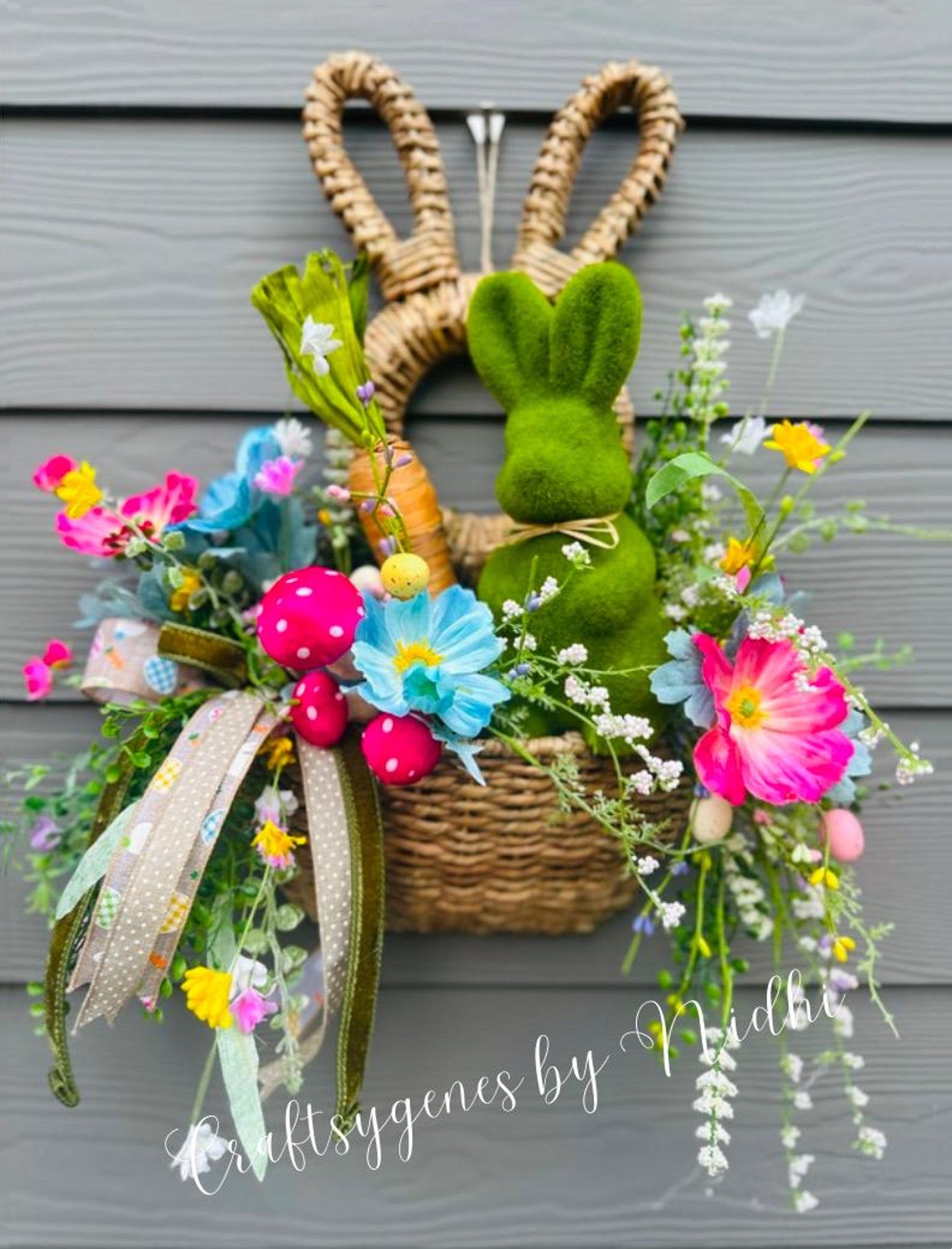 💖Last Day 49% OFF💖Natural Woven Wicker Bunny Basket Hanging Wall Pocket Spring Decor