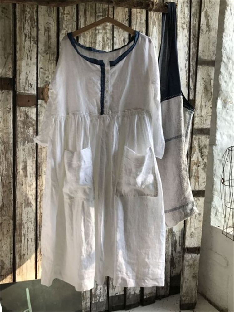 Vintage Big Patch Pockets Pleated Oversize Maxi Dress