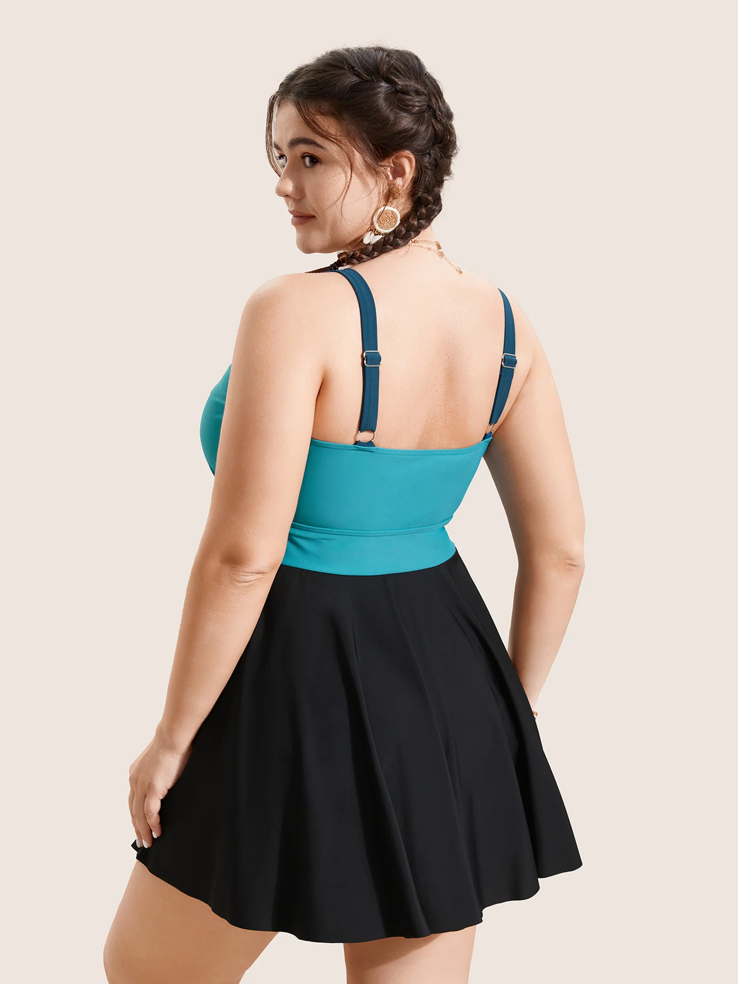 V Neck Patchwork Contrast Gathered Swim Dress