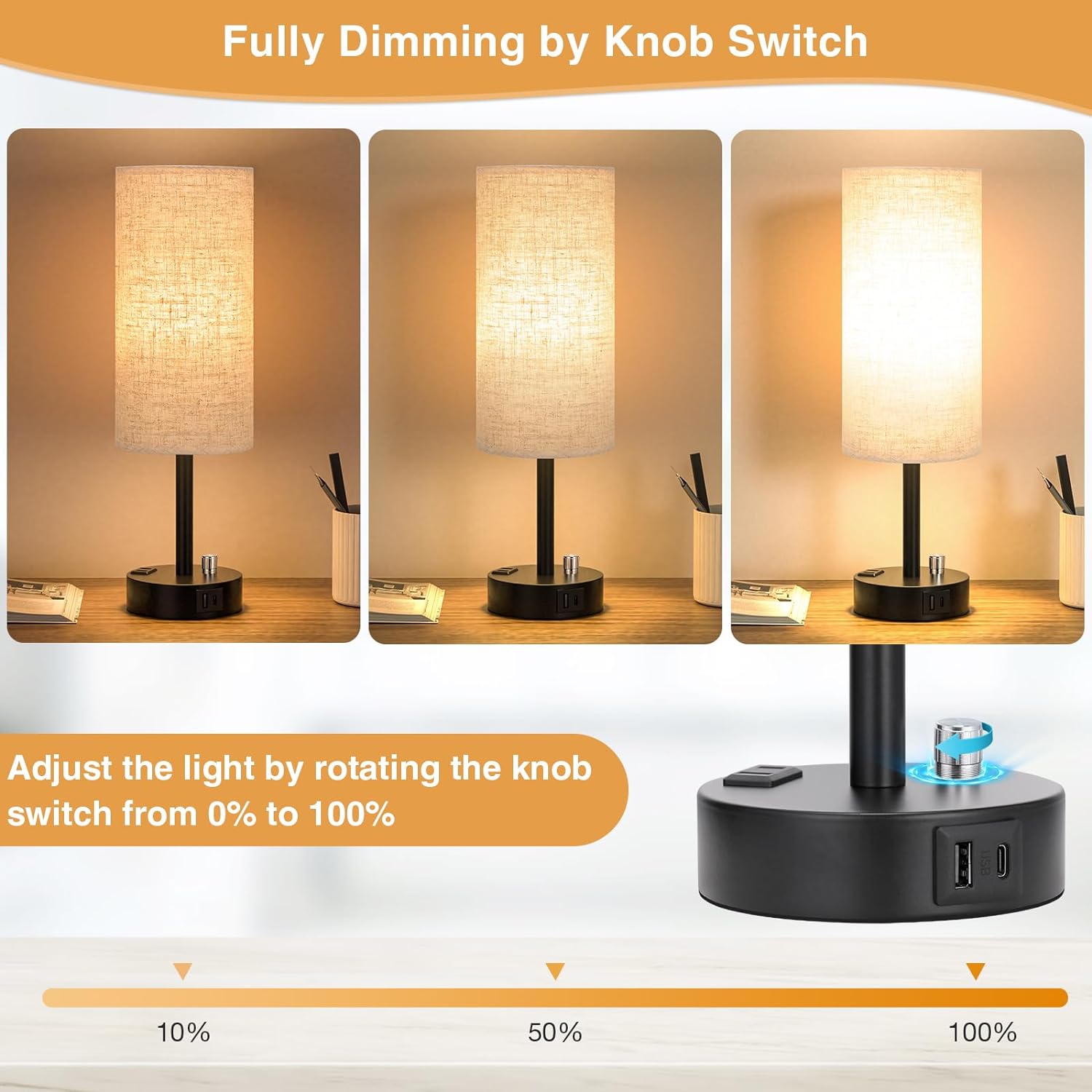 Bedside Table Lamp for Bedroom - 3 Way Dimmable Touch Lamp USB C Charging Ports and AC Outlet, Small Lamp Wood Base Round Flaxen Fabric Shade for Living Room, Desk, LED Bulb Included