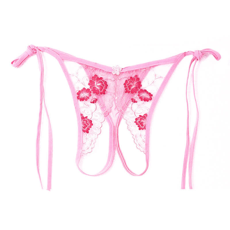 Flower Embroidery Lace Up Crotchless G-String