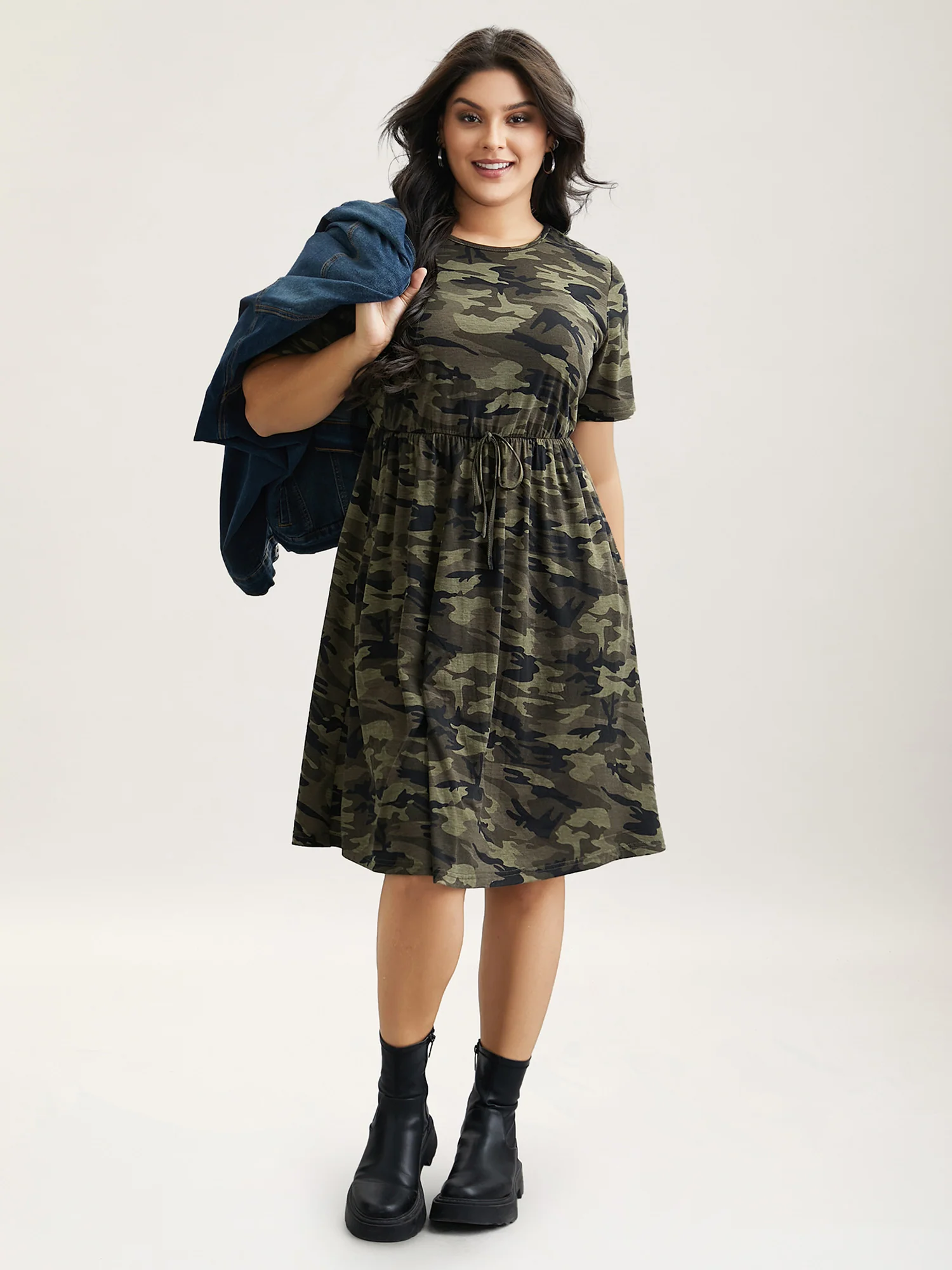 Camouflage Print Round Neck Pockets Midi Dress