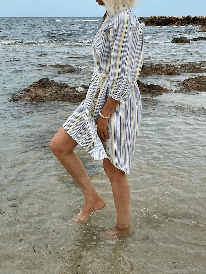 Women's Vintage Contrast Stripe Design V-Neck Button-Up Cotton And Linen Dress