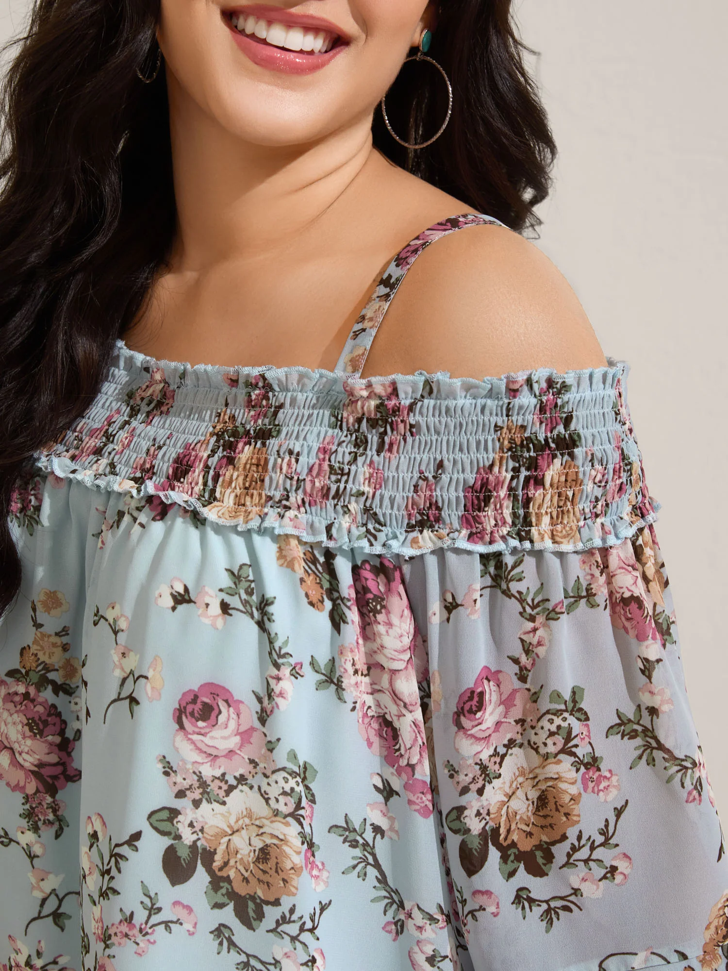 Shirred Off-Shoulder Chiffon Floral Blouse