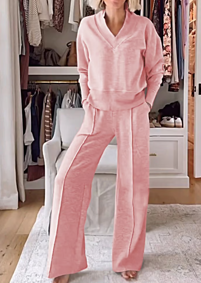 ⏰LAST DAY SAVE 49%💥Women's Solid Color V-neck Top & Pants Two-piece Set
