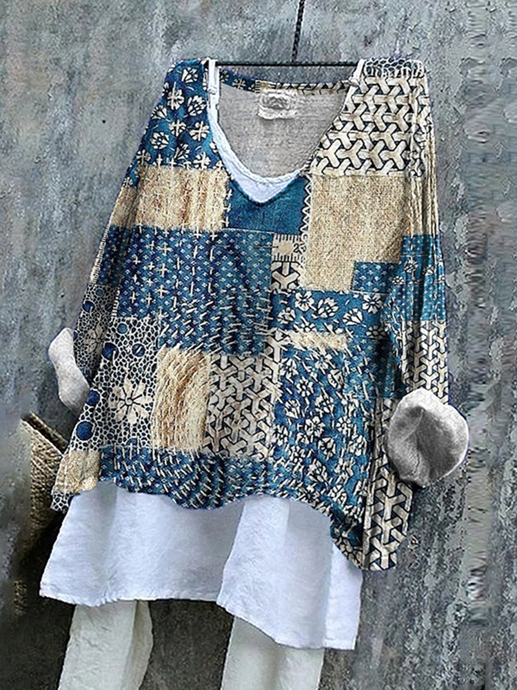 Floral Patchwork Japanese Sashiko Art Linen Blend Tunic