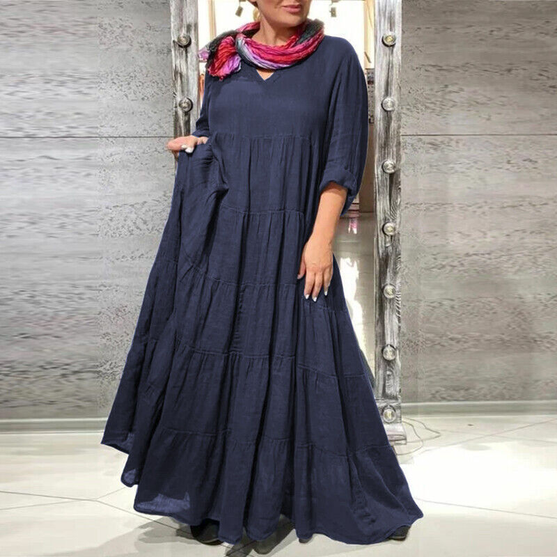 Women's Extra Long V-Neck Layered A-Line Dress with Long Sleeves