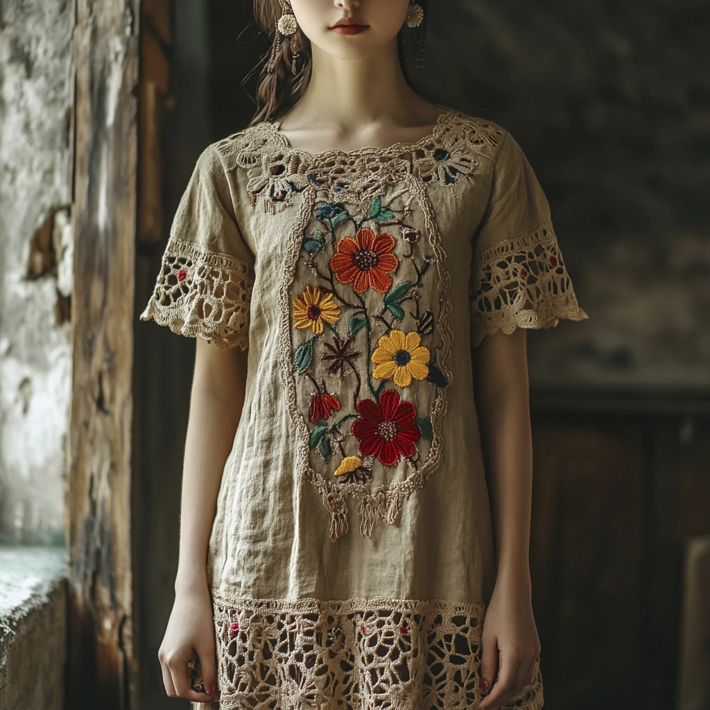 Vintage Lace Floral Embroidery Women's Linen Dress