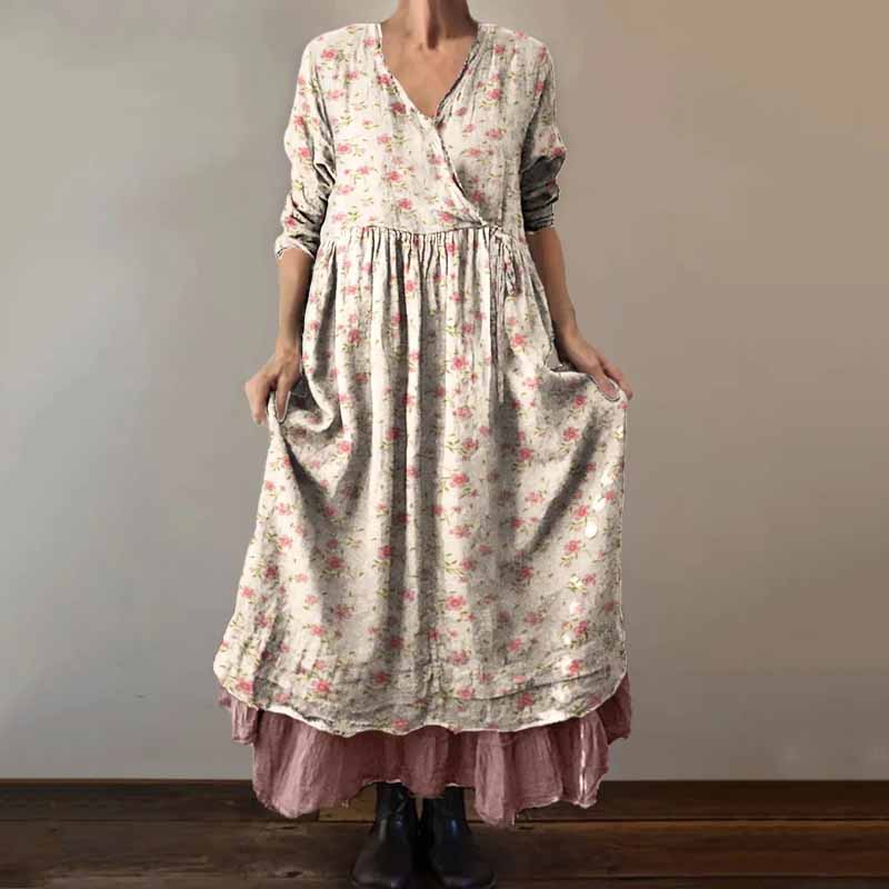 Cottage Floral Pleated Wrap V Neck Maxi Dress