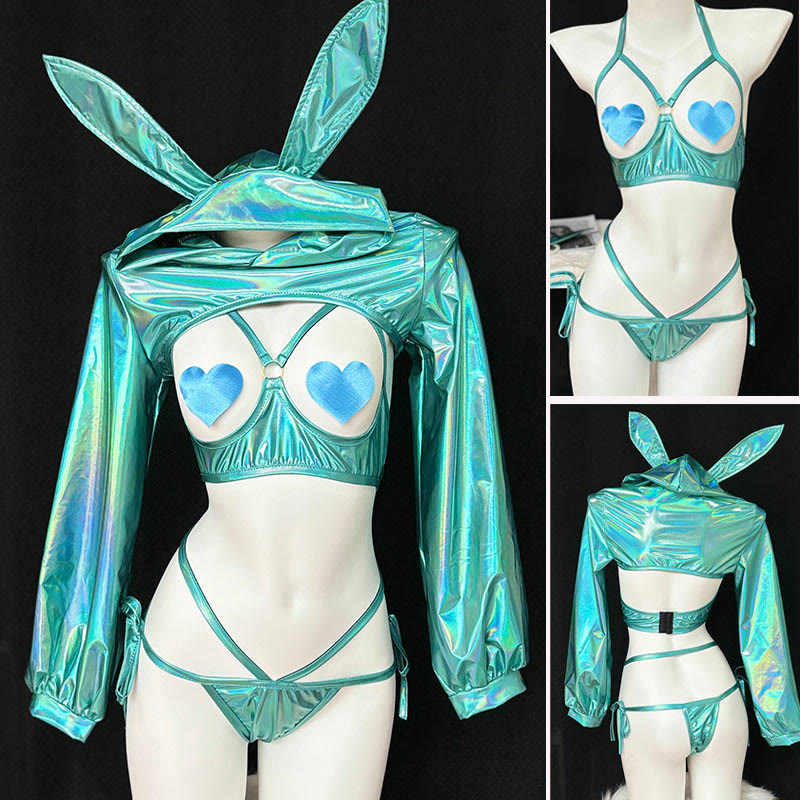 Cosplay Rabbit Laser Reflective Top Hollow Uniform Lingerie Set