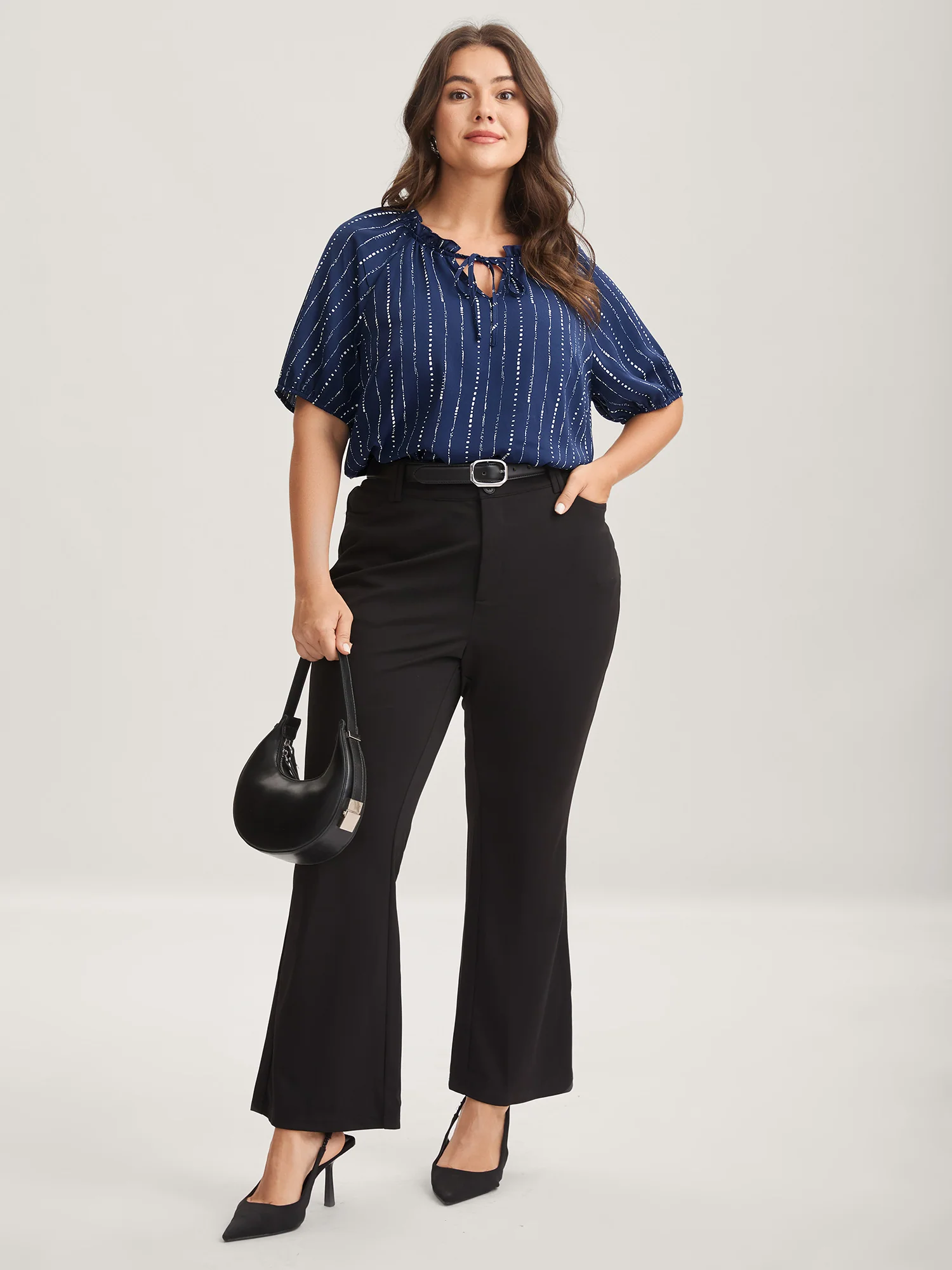 Textured Notched Collar Tie Puffy Blouse