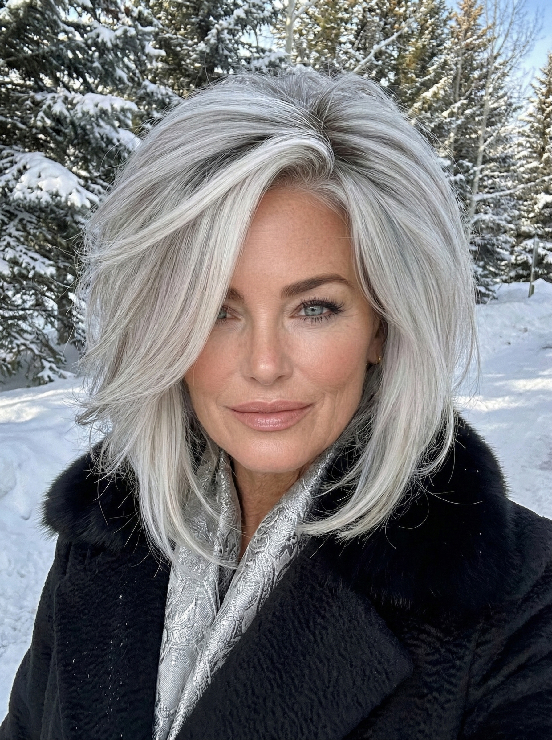 Silver Layered Wig with Natural Dark Roots