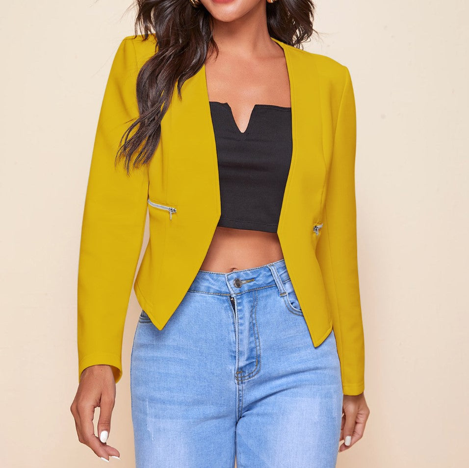 Long Sleeve Cardigan Zipper Pocket Jacket Top with a Small Suit Style.