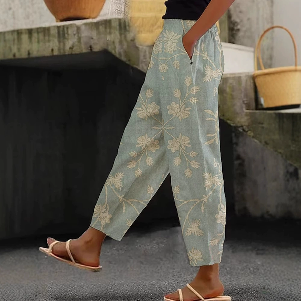 Women's Vintage Floral Art Linen Casual Pants