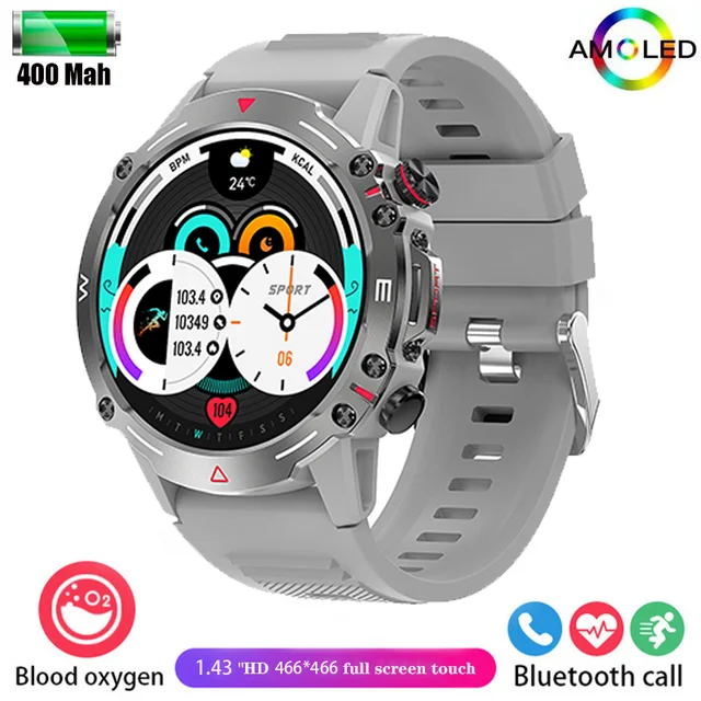 New Men's HD Bluetooth Talk 1.43-inch AMOLED Smartwatch Blood Pressure Monitor IP68 Waterproof Men's Smartwatch for Android iOS