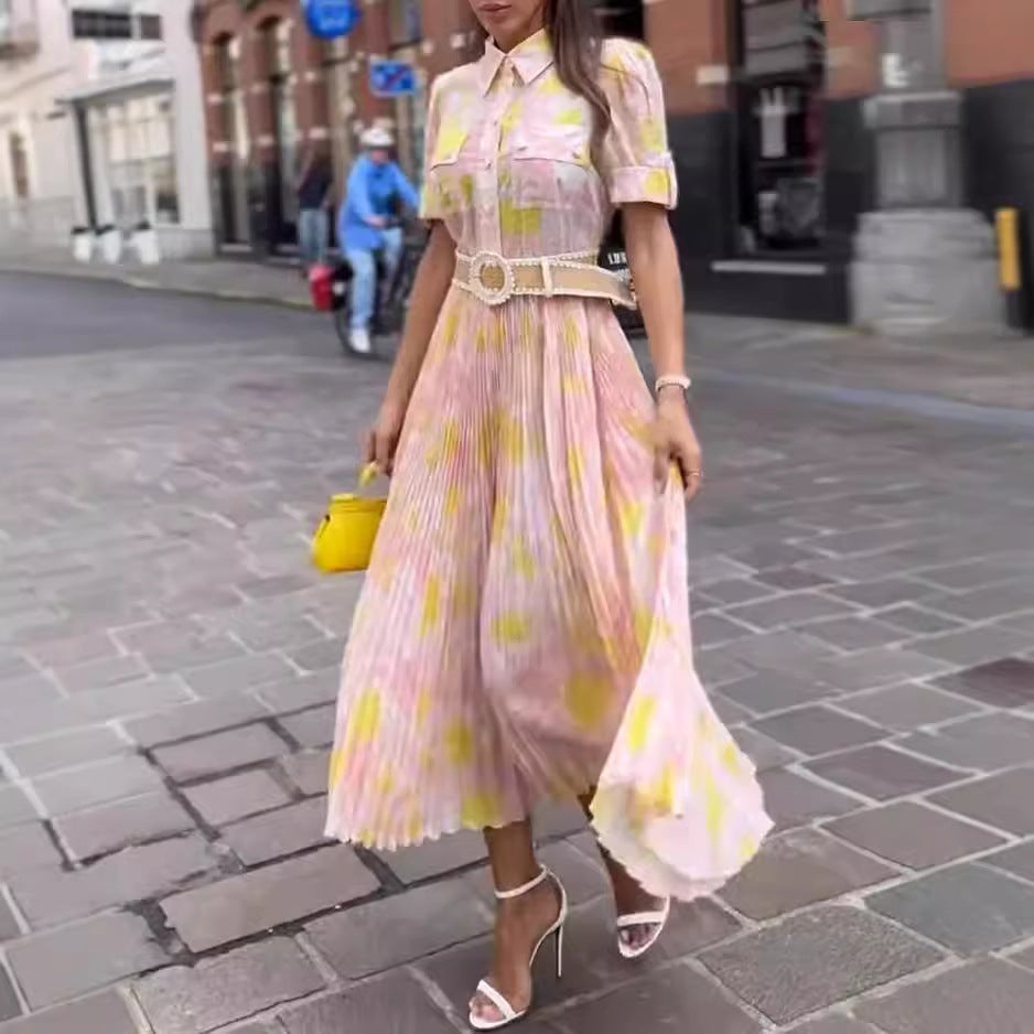 Elegant Lapel Printed Pleated Dress for Women