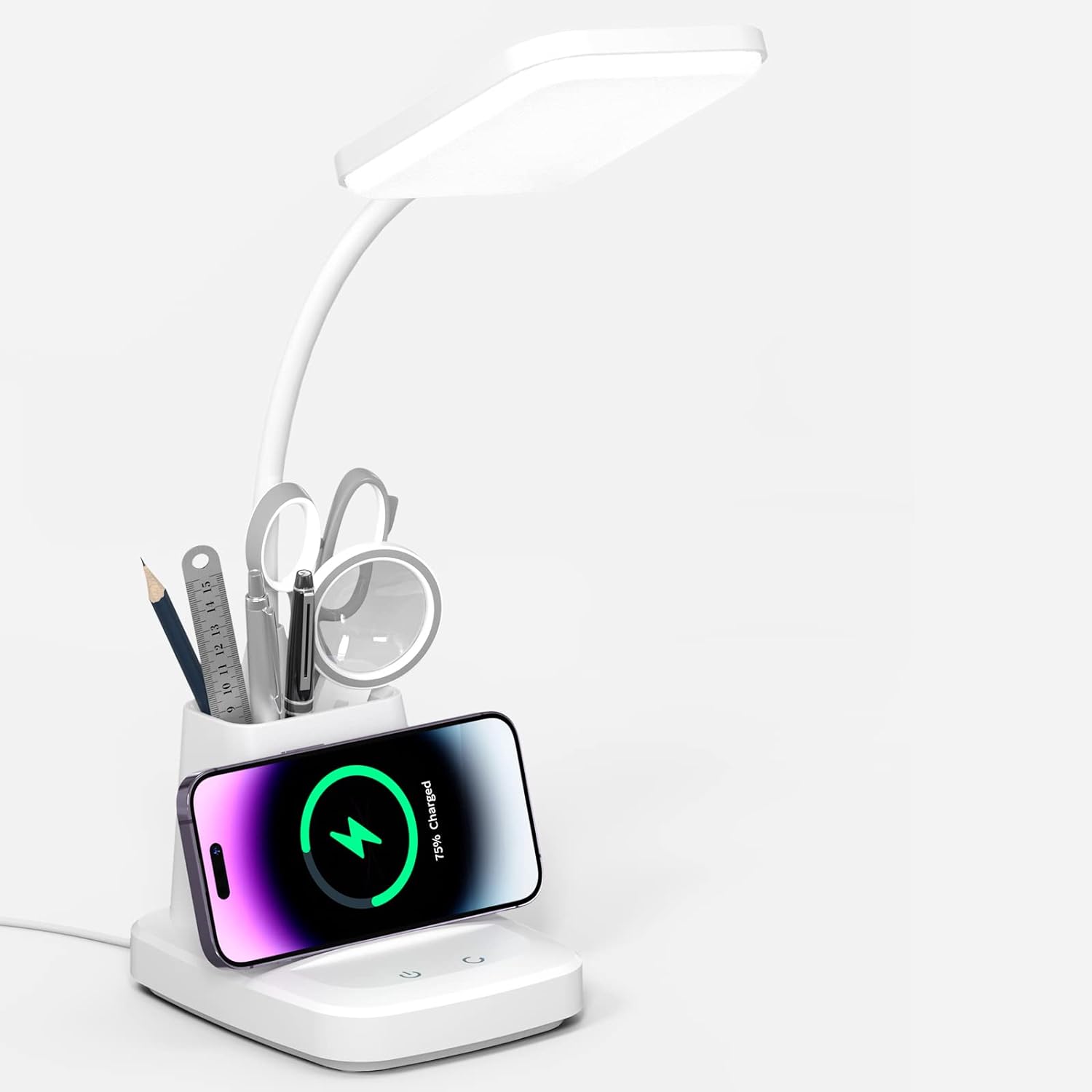 Desk Lamp with Wireless Charger, LED Desk Lamps for Home Office, 800 Lumens, Small Desk Lamp with Pen Holder, Flexible Arm, 3 Modes, Dimming, Touch Lamp for College Dorm Room