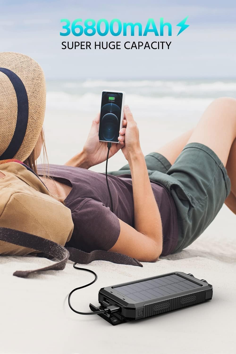 Power-Bank-Portable-Charger-Solar - 36800mAh Waterproof Portable External Backup Battery Charger Built-in Dual QC 3.0 5V3.1A Fast USB and Flashlight for All Phone and Electronic Devices (Deep Orange)