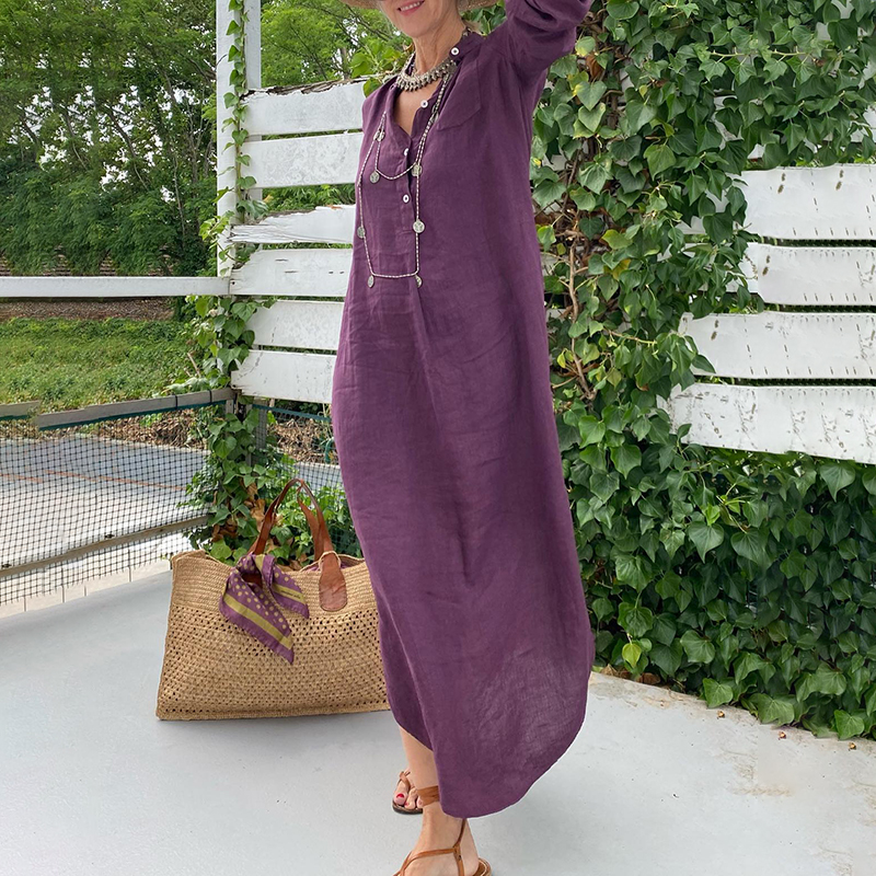 Solid Color Comfortable Casual Loose Fitting Long Sleeved Maxi Dress