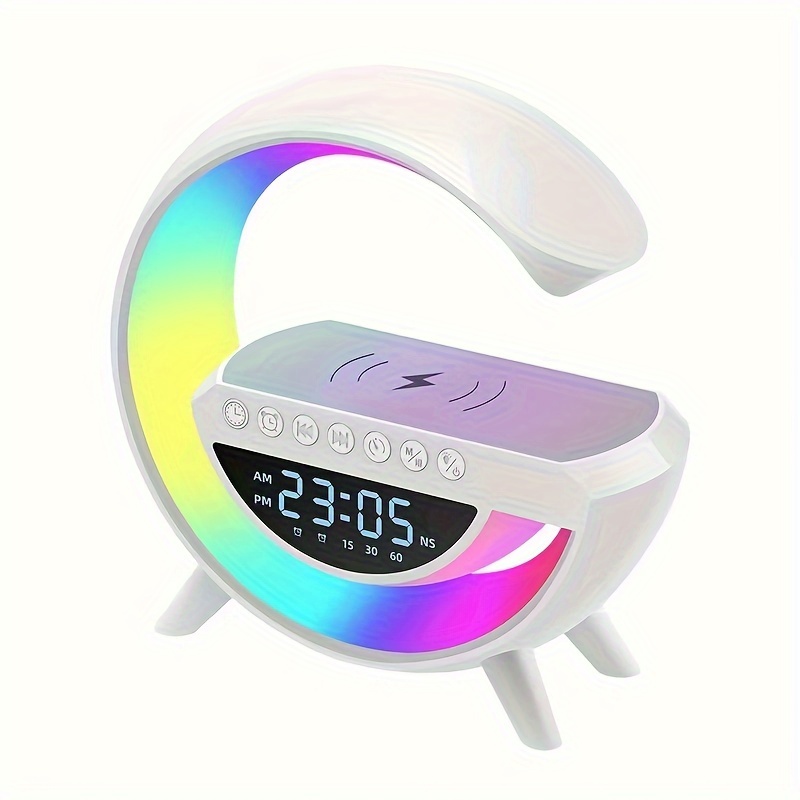 Coolest Alarm Clock Ever: Big G  Wireless Speaker 6 Kinds Of Light Mode Wireless Charging Function Compatible With IOS / Android System Black And White Clock With Timing, White Noise & More!