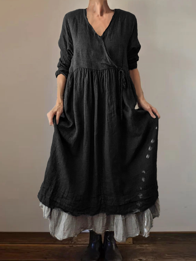 Pleated Frayed Hem Wrap V Neck Maxi Dress