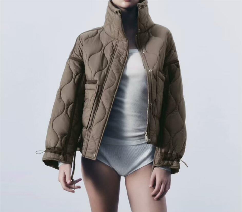 Casual Loose Diamond Lattice Stand Collar Long Sleeve Cotton Jacket Short Coat