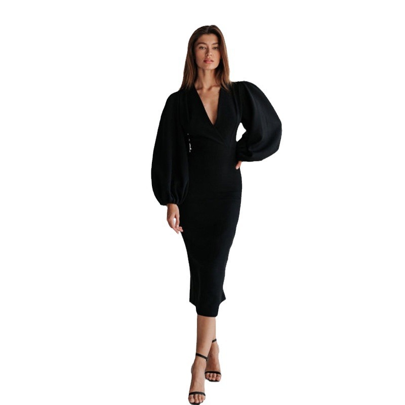 Pure color temperament commuter long skirt sexy deep v-neck lantern sleeve hip dress