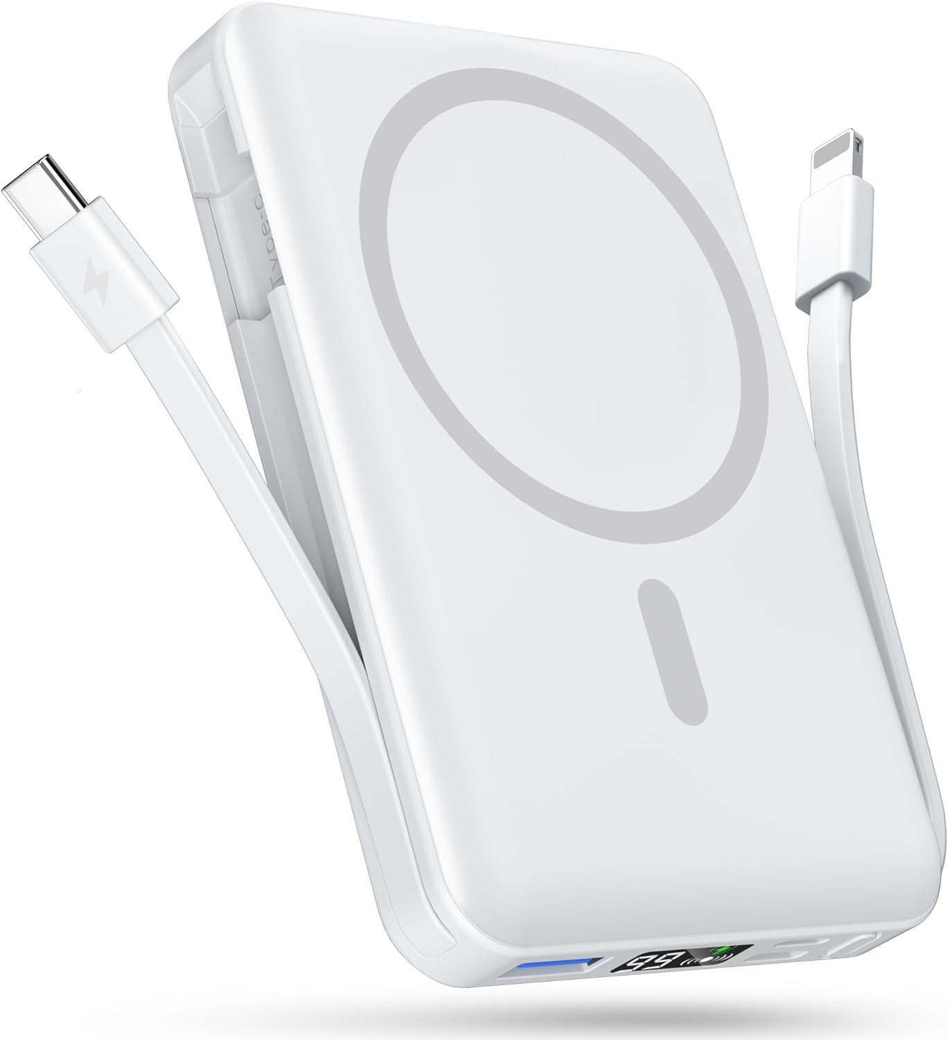 podoru Wireless Portable Charger, 10000mAh Magnetic Power Bank Built-in USB-C Lighting Cables 22.5W PD Fast Charging LED Display Mag-Safe Battery Pack for iPhone 15/14/13/12/Mini/Pro/Pro Max - White