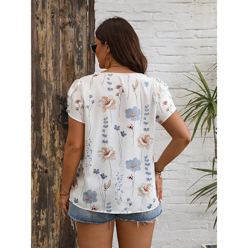Plus Size Summer V neck Lace Stitching Printing Shirt Loose Women Clothing