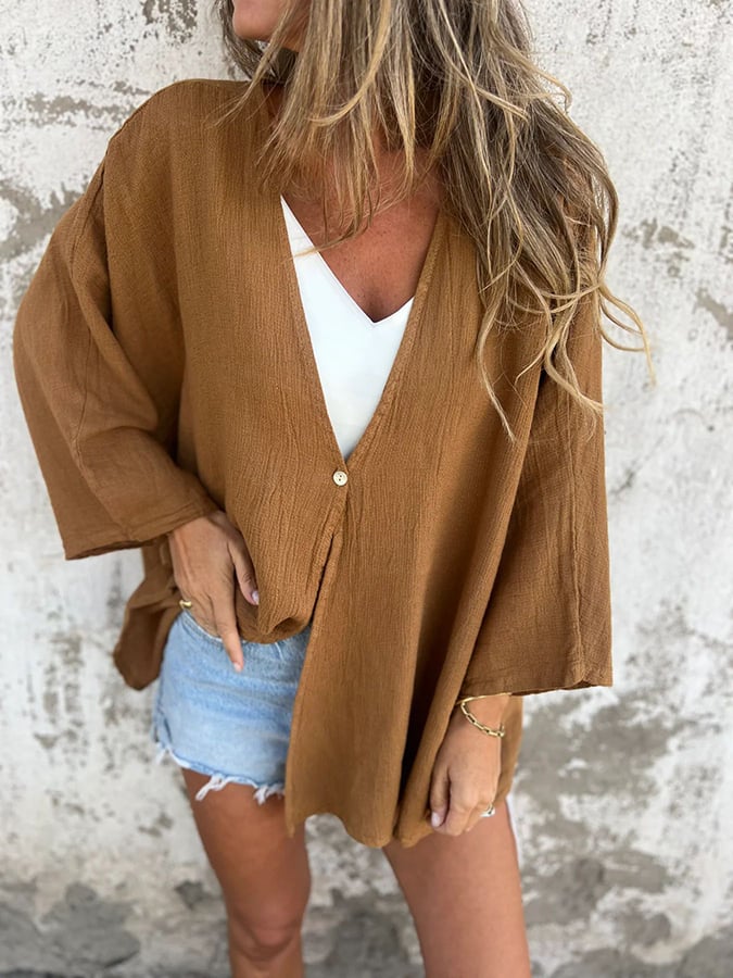 Women's V-Neck Long Sleeve Loose Button Design Casual Shirt