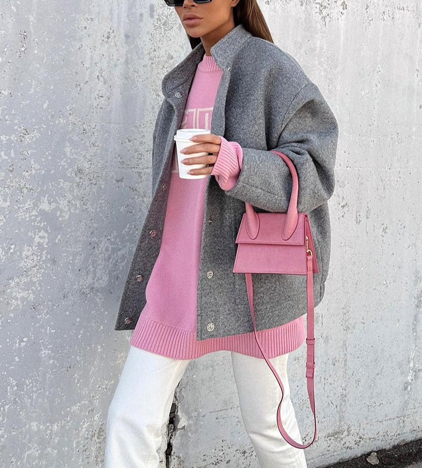 Fashionable and Simple Gray Woolen Coat for Women
