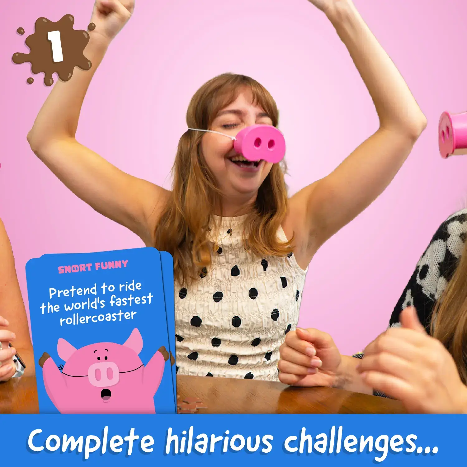Snort Funny – The Oinkcredible You Laugh You Lose Party Game | Family Games for Kids and Adults | 150 Challenge Cards, 5 Pig Snouts & Mud Tokens | Funny Games for Friend & Family, 4-8 Players, Ages 8+