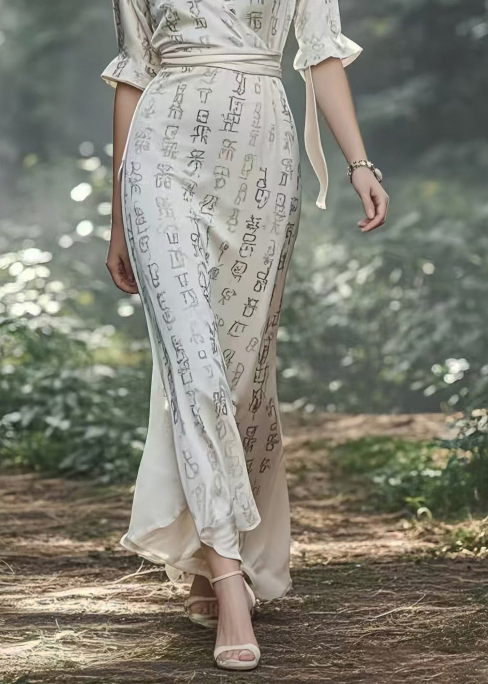 White Print Draping Silk Long Dresses Cinched Half Sleeve