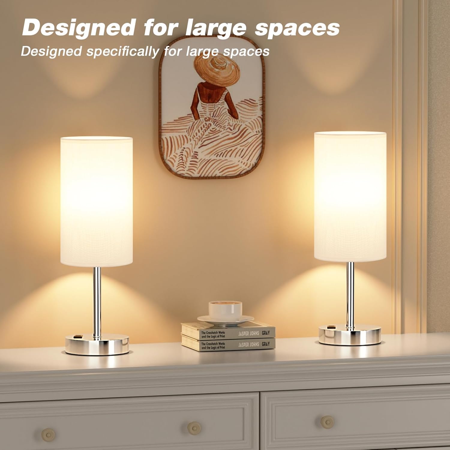 Bedside Table Lamp for Bedroom - 3 Way Dimmable Touch Lamp USB C Charging Ports and AC Outlet, Small Lamp Wood Base Round Flaxen Fabric Shade for Living Room, Desk, LED Bulb Included