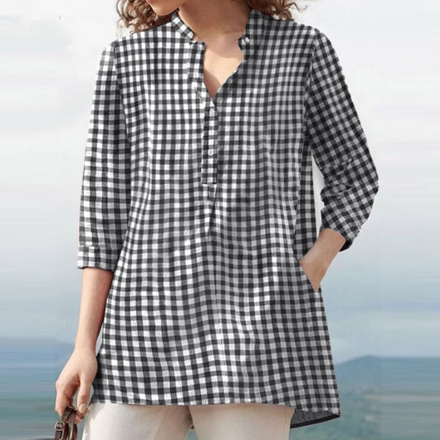 Ladies Vintage Plaid Cotton Linen Shirt